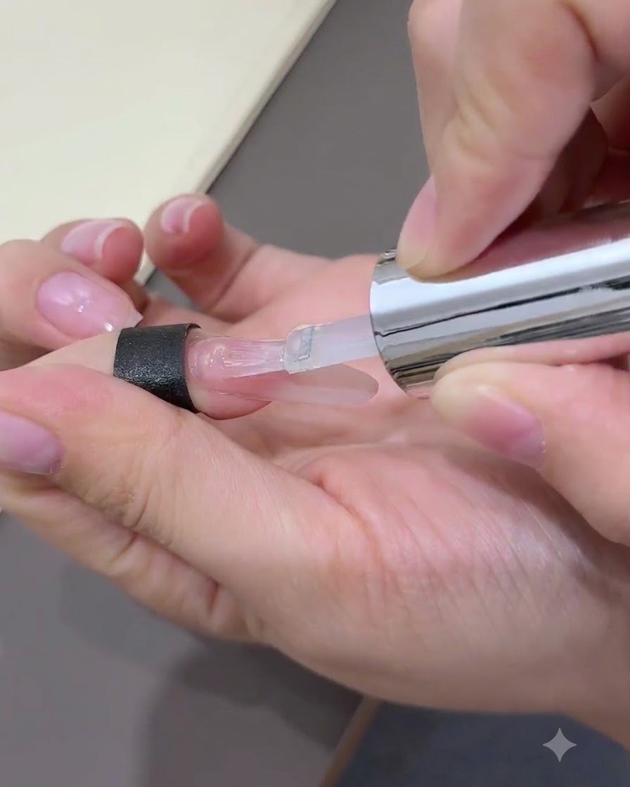 Ein Pinsel trägt einen klaren Non-Wipe-Top-Coat über eine Nagelverlängerung bei einer Gel-Maniküre auf.