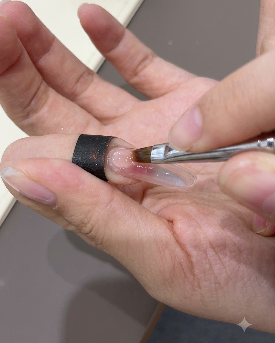 Ein kleiner Nagelpinsel trägt einen klaren Top Coat über einen langen Nagel auf, um das fertige Design zu versiegeln.
