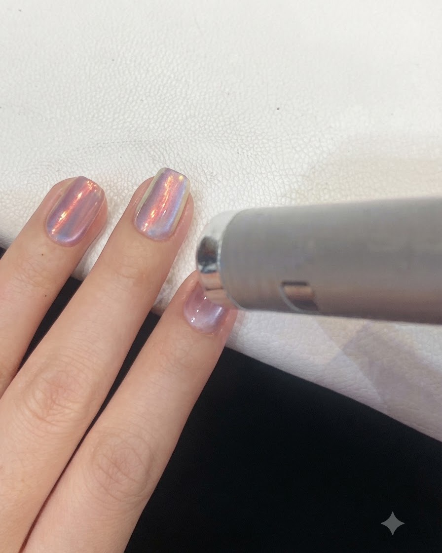 Ein kleines Glas mit irisierendem Chrom-Nagelpuder mit der Aufschrift Moonlight Puder No. 2 auf einem sauberen, weißen Salontisch.