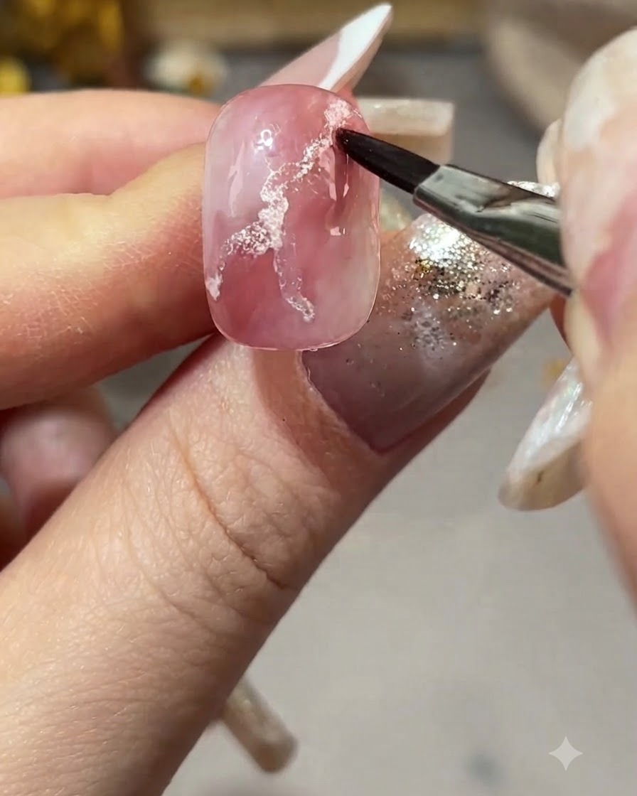 Ein feiner Nail-Art-Pinsel fächert die Ränder des rosa Blooming Liquids auf einem Nagel im Rosamarmor-Stil auf.