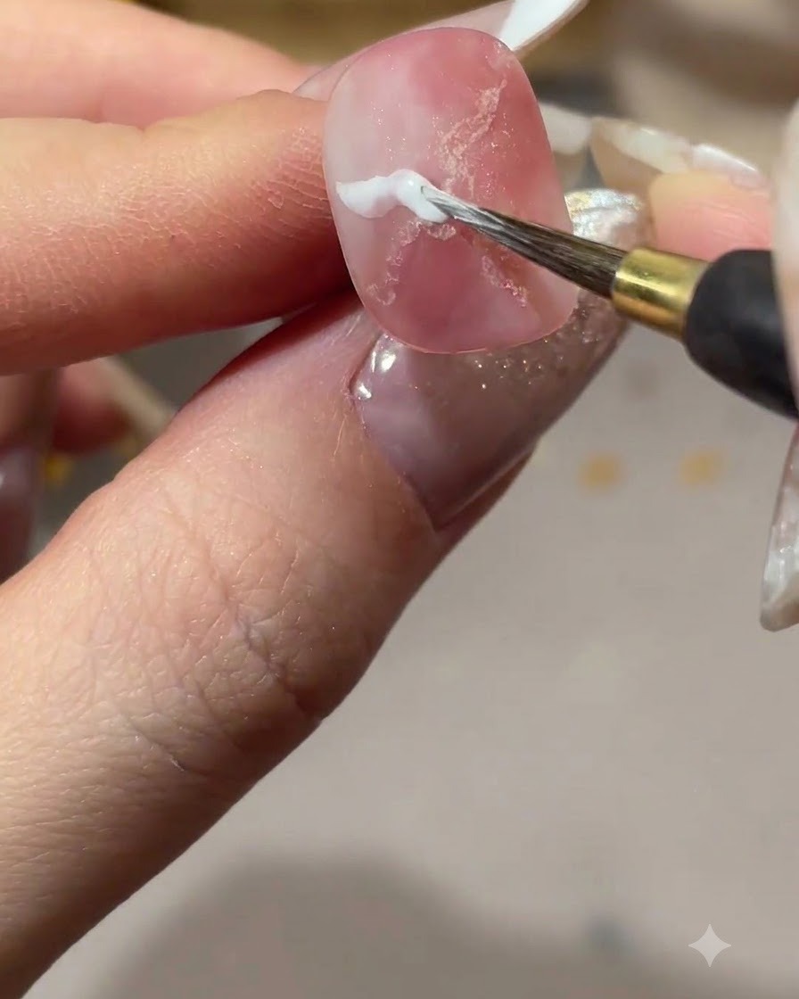 Ein feiner Pinsel trägt weiße Pigmentdetails auf eine matte rosa Nageloberfläche auf.
