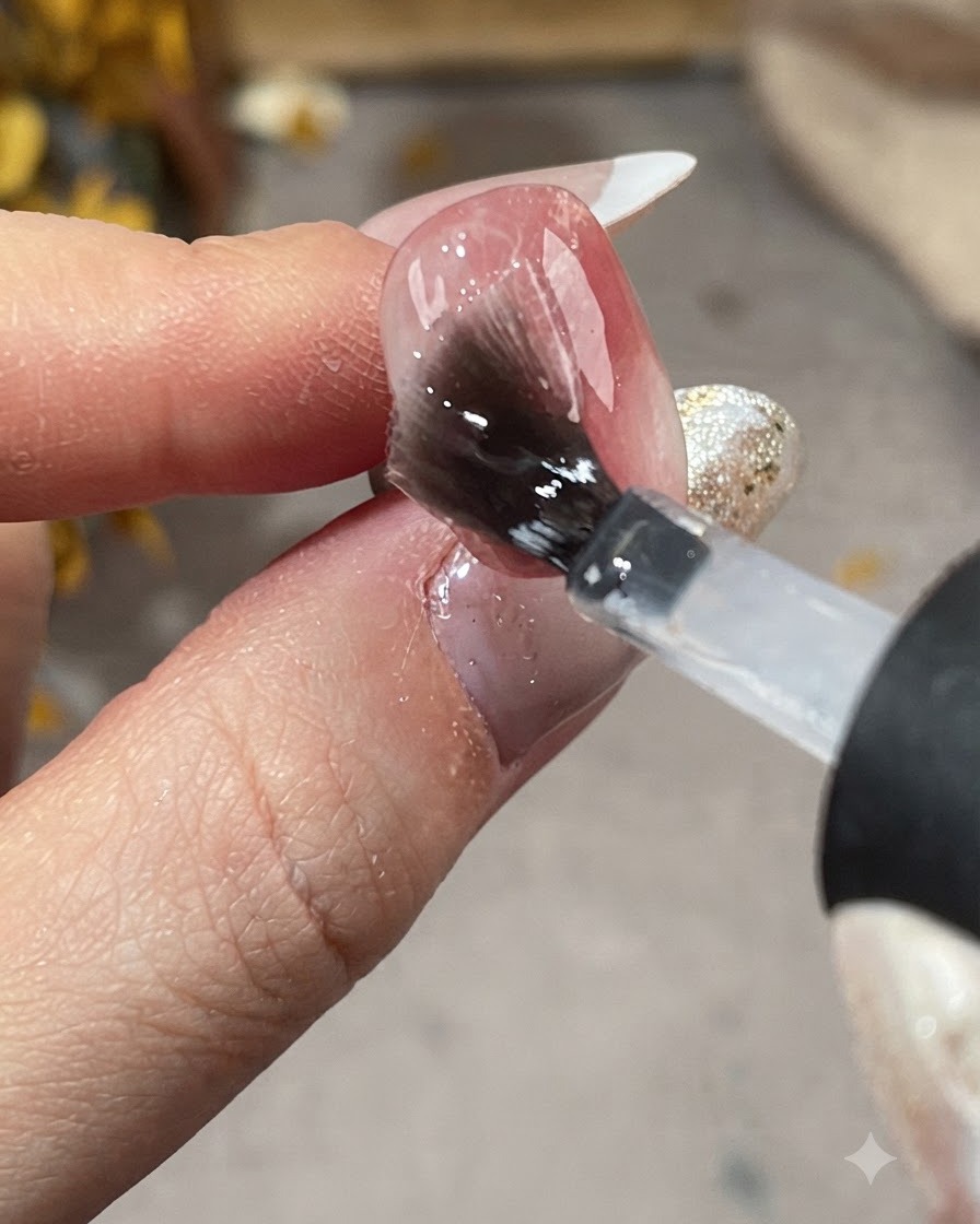 Ein Pinsel trägt einen klaren Hochglanz-Topcoat über das fertige Aquarell-Nageldesign auf.
