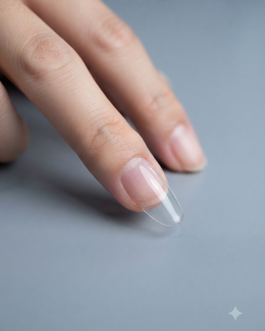 Ein Pinsel trägt eine dünne Schicht Nude-Pink-Basisgel auf eine transparente Nagelverlängerung auf.