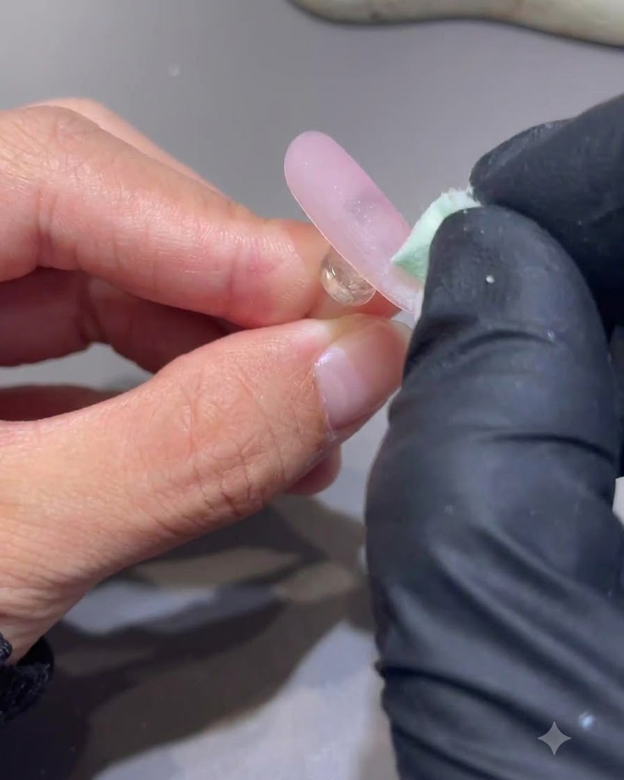 Ein Schwamm verblendet sanft die obere Kante eines weißen Gel-Farbverlaufs auf einem Nagel.