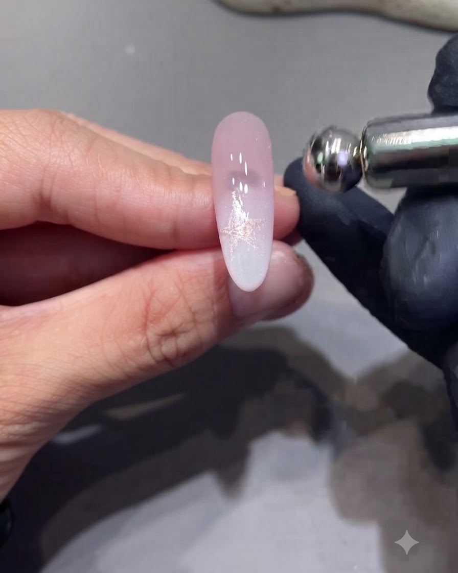 Ein Magnetstab wird nahe an einen Nagel mit gemalter Sternform gehalten, um den Schimmer zu aktivieren.