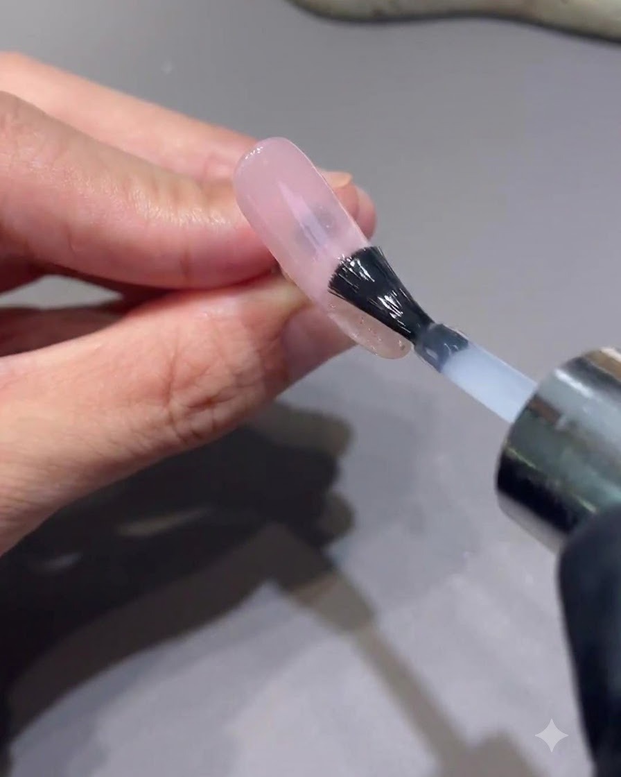 Ein Pinsel trägt einen klaren Glanz-Topcoat über ein Stern-Nadelkunstdesign auf einem künstlichen Nagel auf.