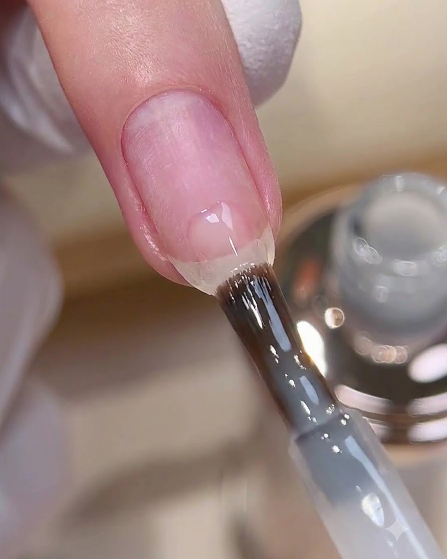 Ein Pinsel trägt milchweißes Aufbaugel auf die Nagelspitze eines vorbereiteten Naturnagels auf.