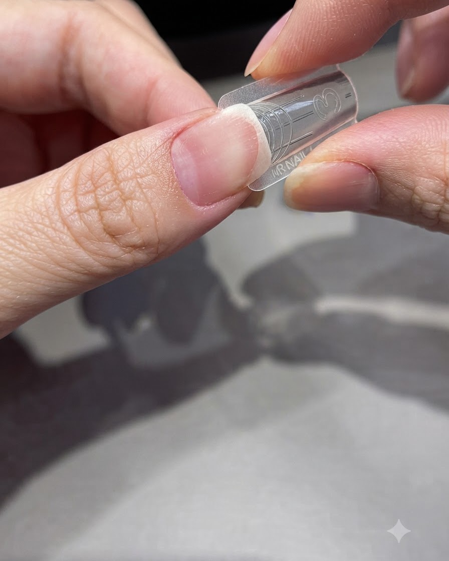 Ein Zeigefinger hält eine klare Nagelverlängerungs-Schablone gegen ein natürliches Nagelbett bei sanfter Beleuchtung.