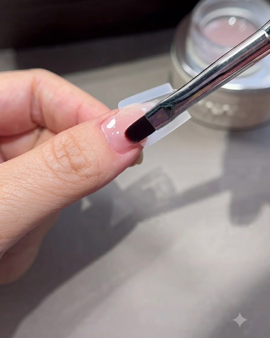 Nahaufnahme eines feinen Liner-Pinsels, der die Gelkante im Nagelhautbereich glättet und verfeinert.