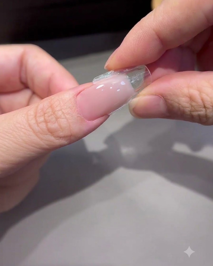 Finger drücken sanft auf die Seiten einer klaren Dual-Form, um sie von einer ausgehärteten Gel-Nagelverlängerung zu lösen.
