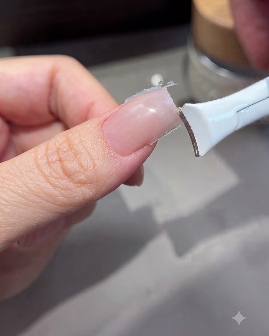 Ein Nagelknipser kürzt die freie Kante eines frisch verlängerten Gelnagels.