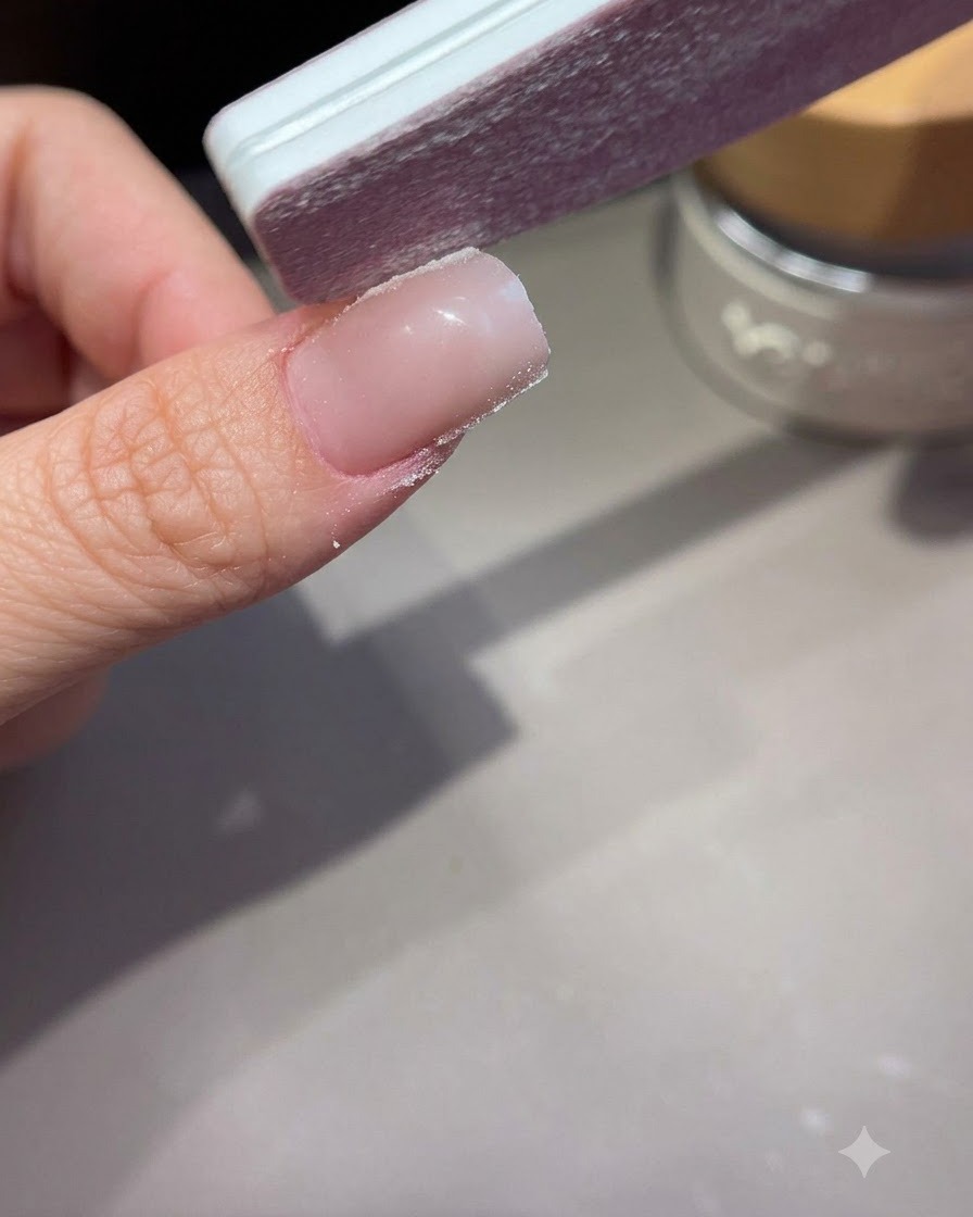 Eine Handfeile formt und glättet die Seitenwände eines verlängerten Acryl- oder Gelnagels.