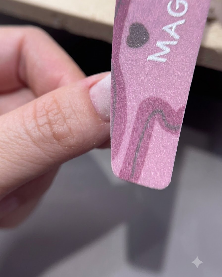 Ein rosa Pufferblock glättet die Oberfläche eines manikürten Nagels.