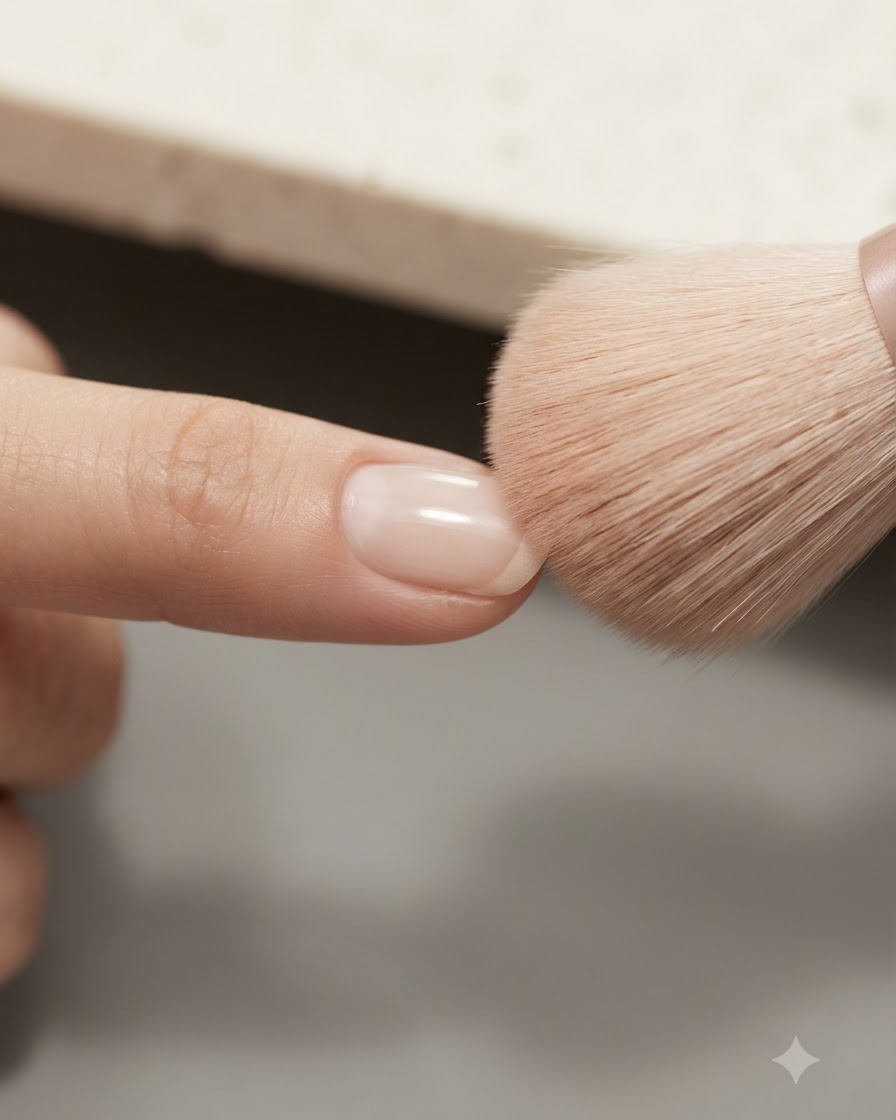 Ein flauschiger Pinsel fegt weißen Nagelstaub von einer fertigen Nageloberfläche.