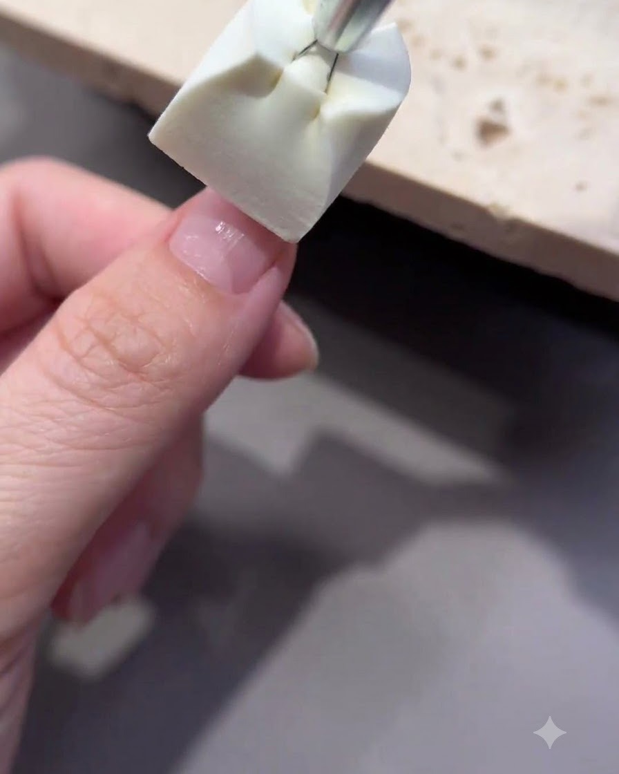 Ein Schwamm-Applikator tupft helle rosa Farbe auf die Spitze eines manikürten Nagels.