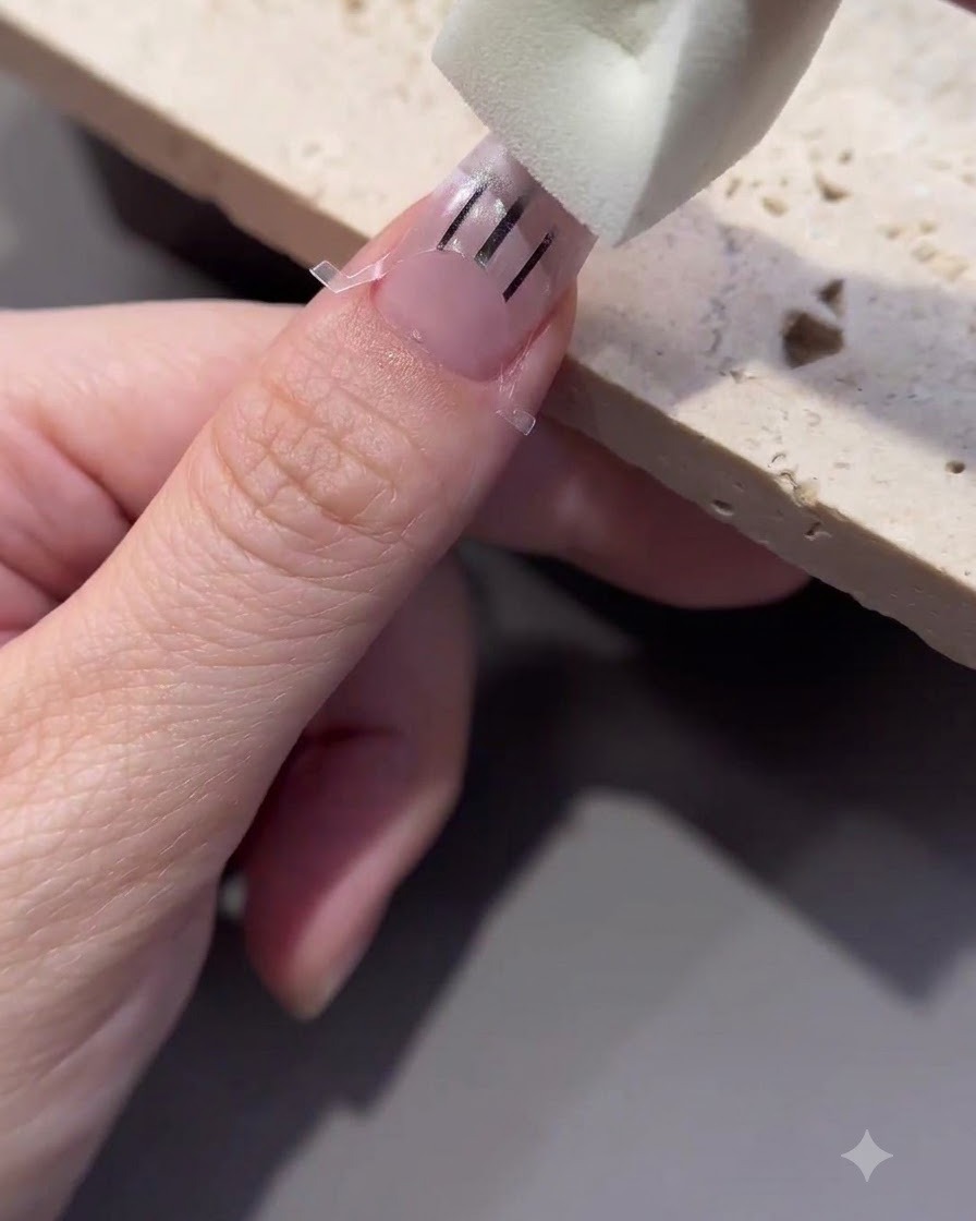 Ein Schwammblock stempelt weißen Nagellack über eine French-Schablonen-Aufkleber auf einem Nagel.