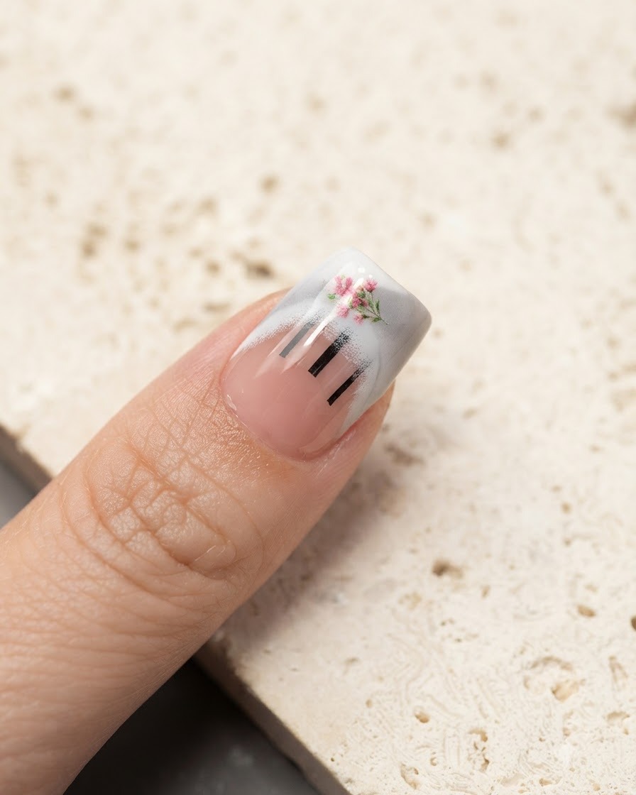 Eine Pinzette platziert kleine rosa Blumensticker auf der French-Spitze eines Nagels.