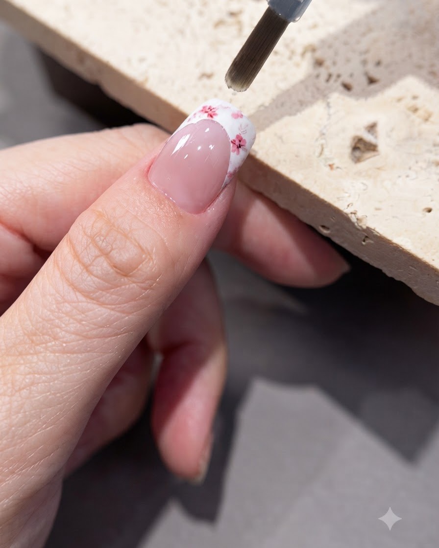 Ein Pinsel trägt eine klare Gelschicht über einen mit Blumenstickern verzierten Nagel auf.