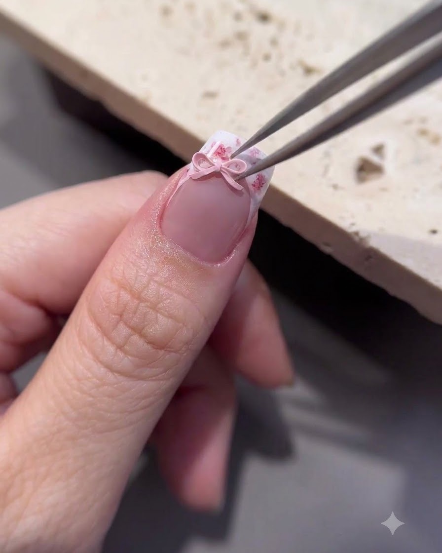 Eine Pinzette platziert einen kleinen 3D-Rosa-Schleifen-Charm auf der mit Top Coat versiegelten Nageloberfläche.