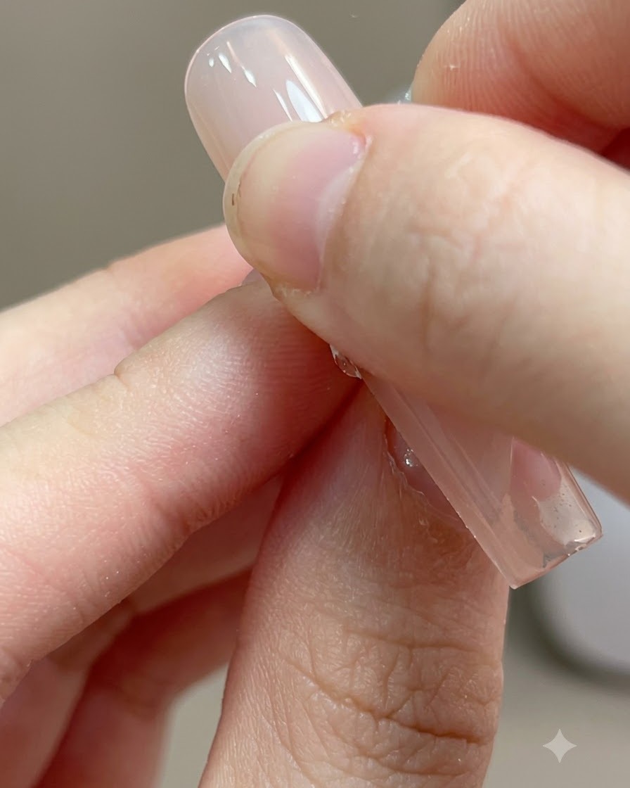 Ein Alkoholtuch reinigt die klebrige Rückstandsschicht von der ausgehärteten rosa Geloberfläche eines Nagels.