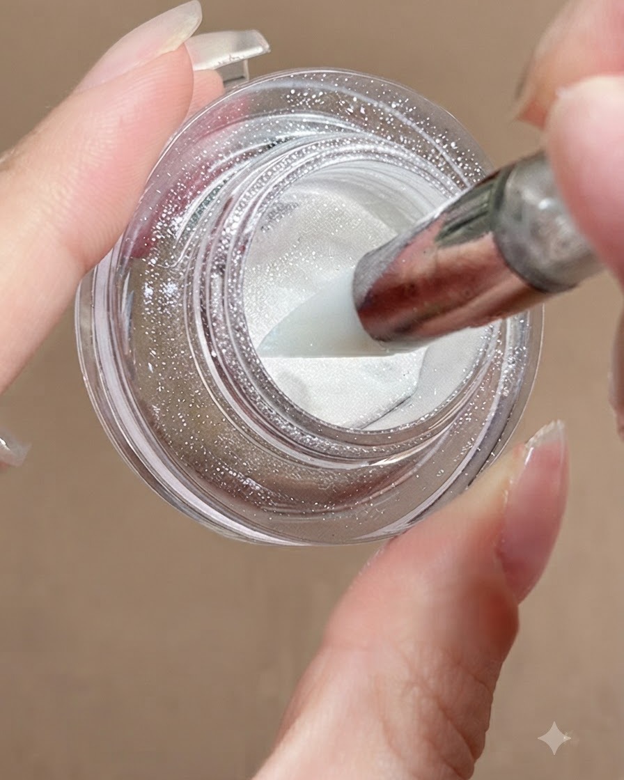 Ein Silikonstift-Werkzeug taucht in ein Glas mit schimmerndem White-Moon-Chrompulver.