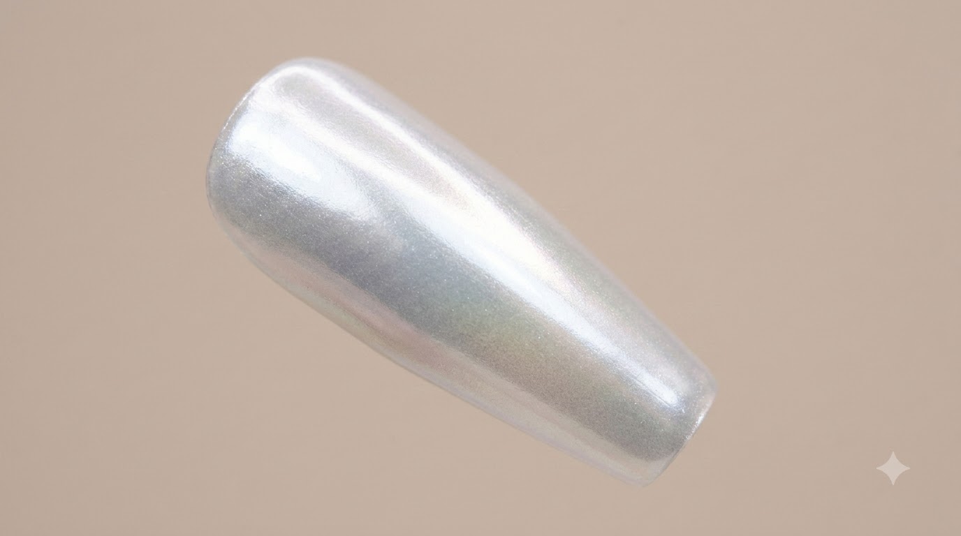Langer, sargförmiger Nagel mit einem ultraglänzenden Perlmutt-White-Aurora-Chrome-Finish und einem weichen Farbverlauf.