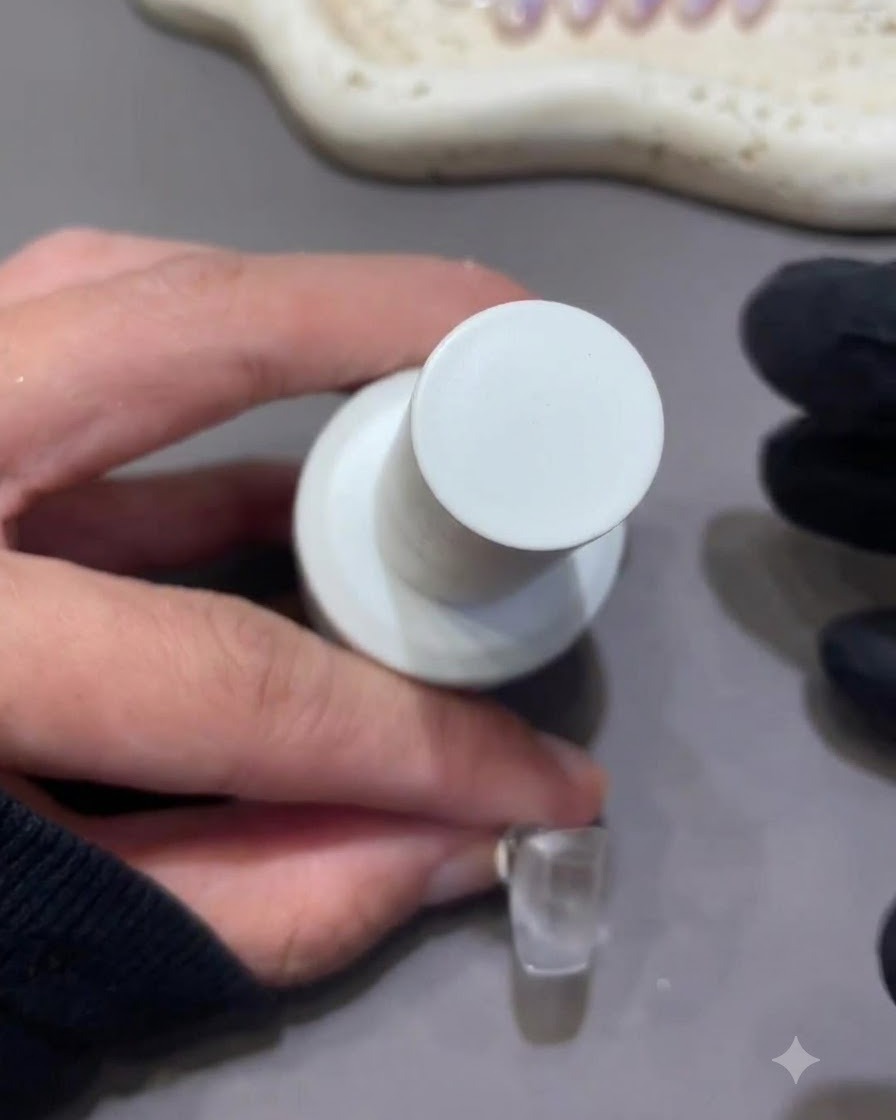 Eine Nahaufnahme eines Nagelpinsels, der ein Fläschchen Nude-Sculpting-Gel neben einem unlackierten Kunstnagel hält.