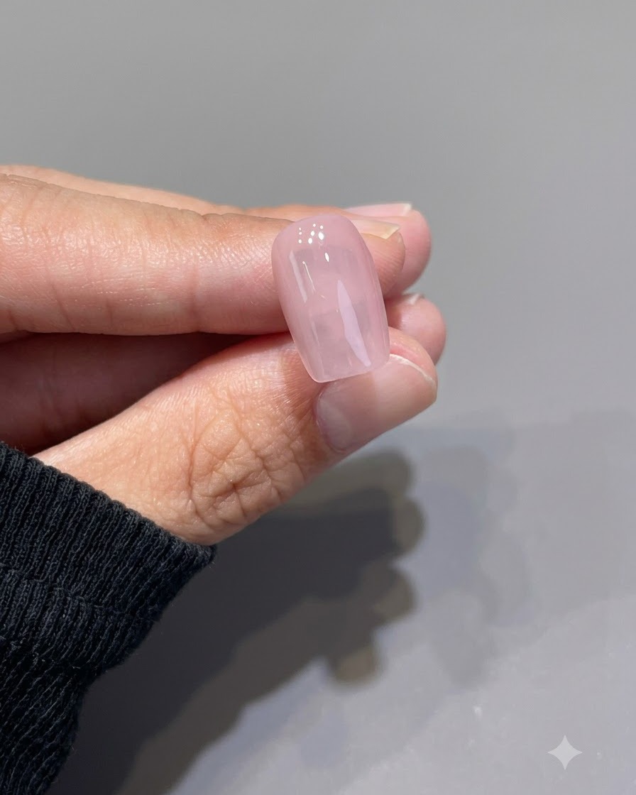 Ein einzelner, glänzender, transluzenter rosa Nagel zwischen Fingern nach dem Aushärten.