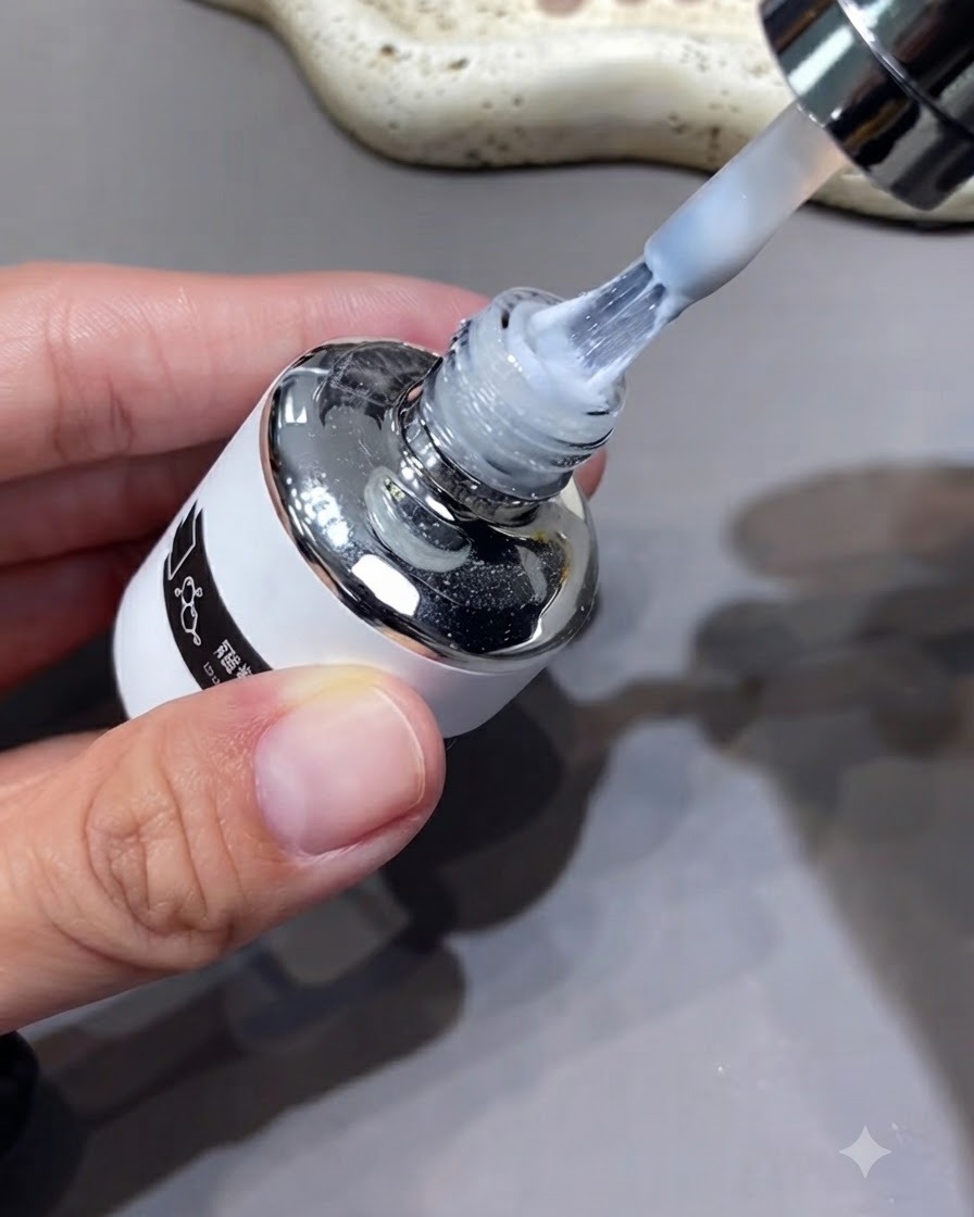 Ein Fläschchen mit weißem Chrom-Top-Coat und hochgehaltenem Applikatorpinsel zeigt die zähflüssige Textur.