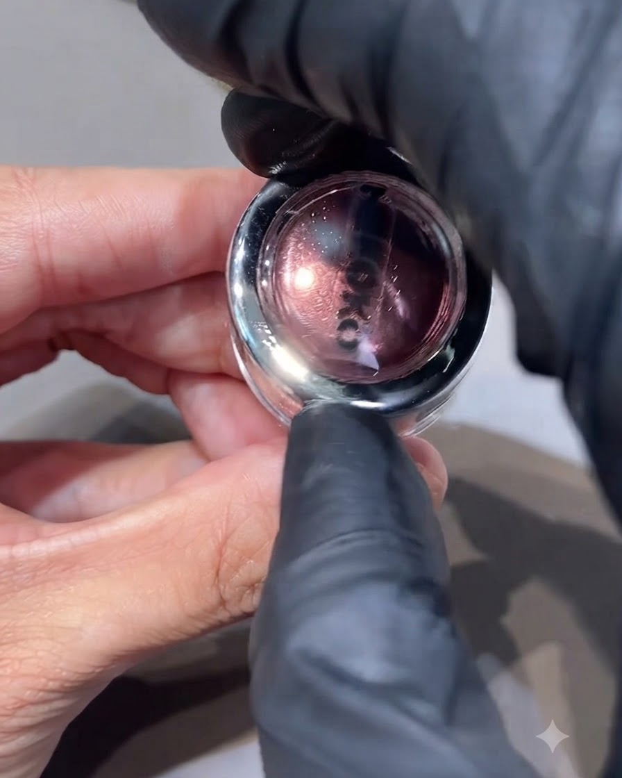 Eine bemalte Hand hält ein kleines Glas mit berryrosa Chrompulver neben einem Schwamm-Applikator.