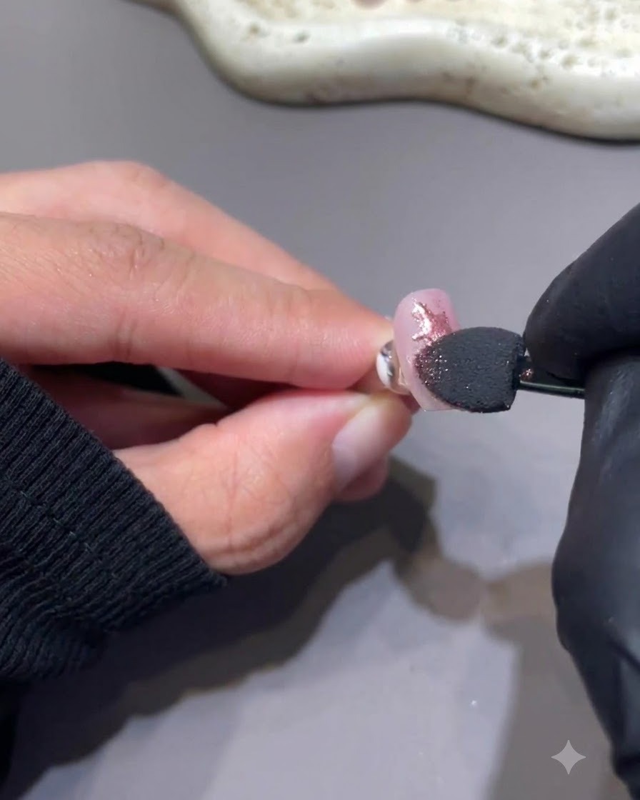 Ein Schwamm-Applikator drückt berryrosa Chrompulver direkt auf ein aufgemaltes Sternendesign auf einem Nagel.