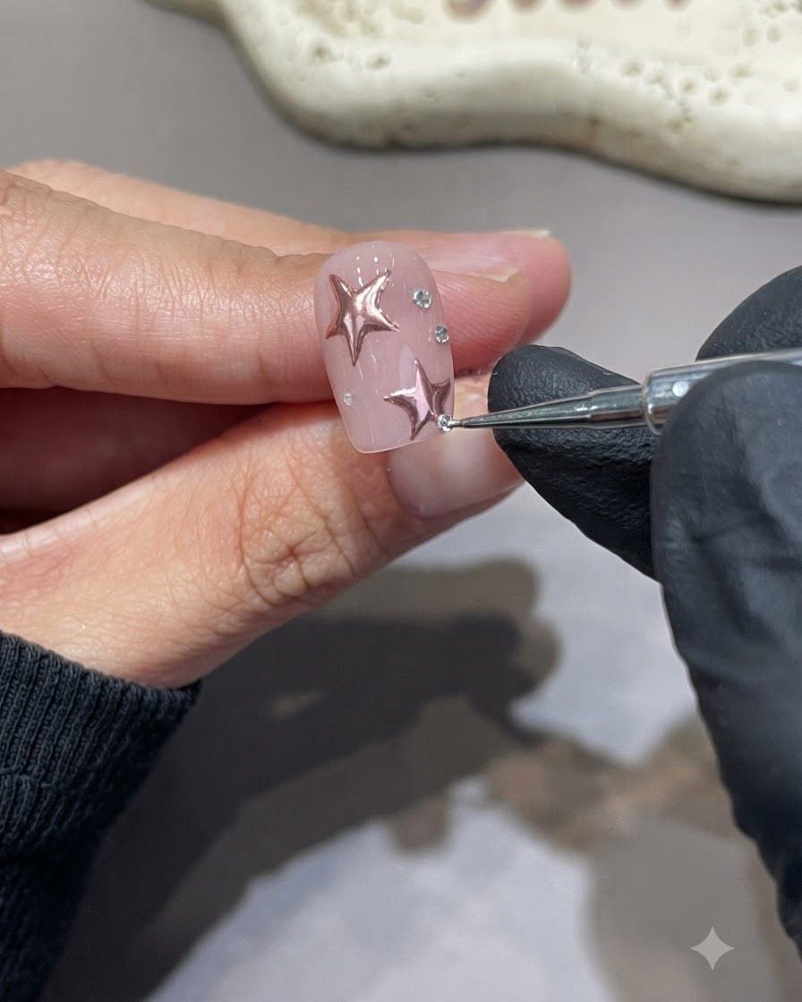Ein Detail-Werkzeug platziert kleine, glitzernde Strasssteine auf einem mit Chromsternen verzierten rosa Nagel.