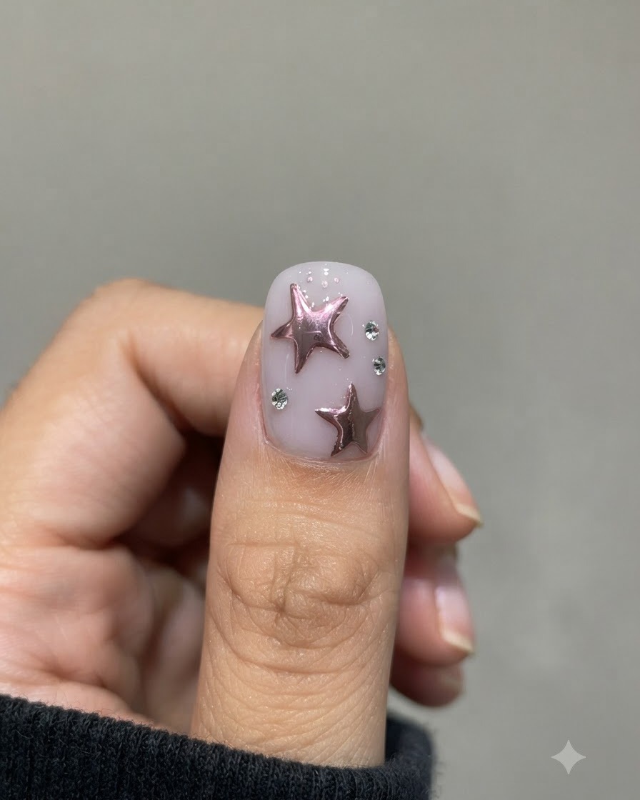 Nahaufnahme einer Hand mit verziertem Stern-Nail-Art und platzierten Strasssteinen in einer kompakten UV-LED-Nagellampe.