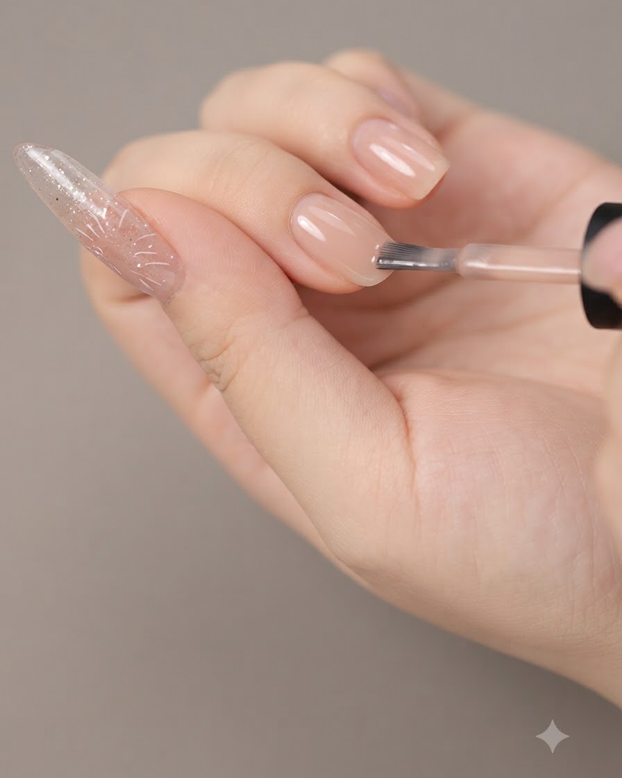 Ein Nagelpinsel trägt eine glatte Schicht Nude-Base-Gel-Lack auf einen verlängerten Übungsnagel auf.