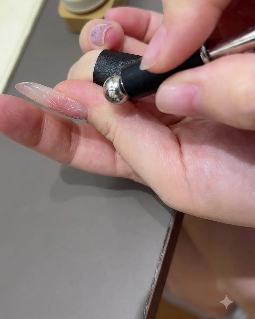 Ein Magnetkugel-Werkzeug wird nah über eine glänzende Nageloberfläche gehalten, um Cat-Eye-Gel-Partikel zu formen.