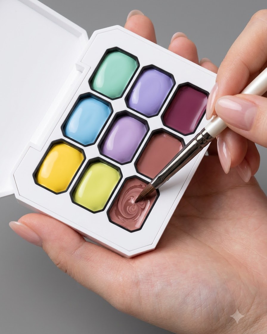 Ein Nagelpinsel taucht in ein rosa Fach einer Mehrfarben-Palette ein.