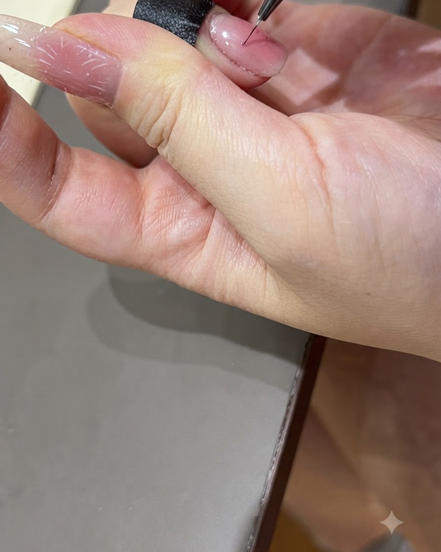 Ein feiner Nail-Art-Pinsel nimmt farbiges Tupfgel von einer Palette auf.