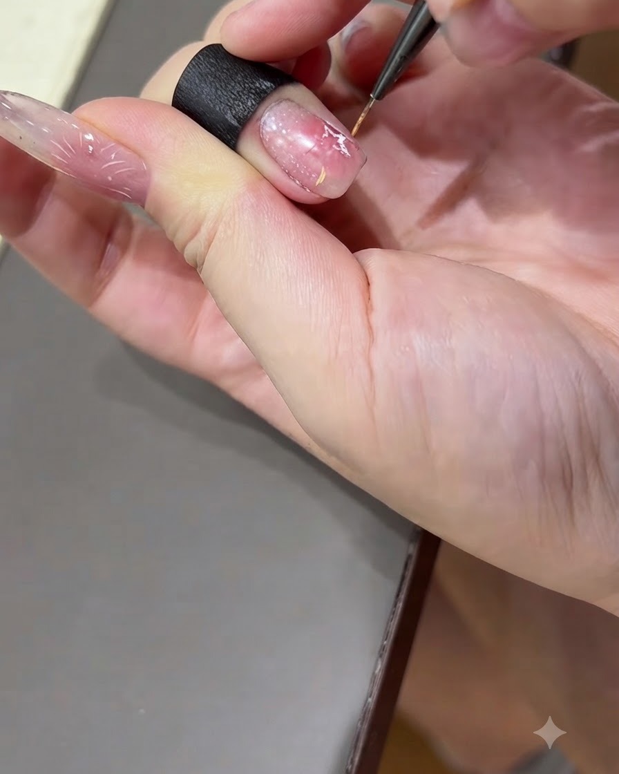 Ein feiner Detailpinsel zieht bunte, strahlende Linien von einer Sternform auf einem Gelnagel nach außen.