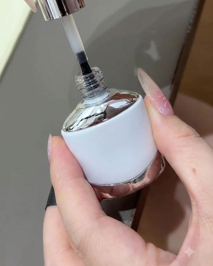 Eine Flasche Nagellack-Topcoat mit abgehobenem Pinsel, bereit zum Auftragen einer schützenden Glanzschicht über der Maniküre.