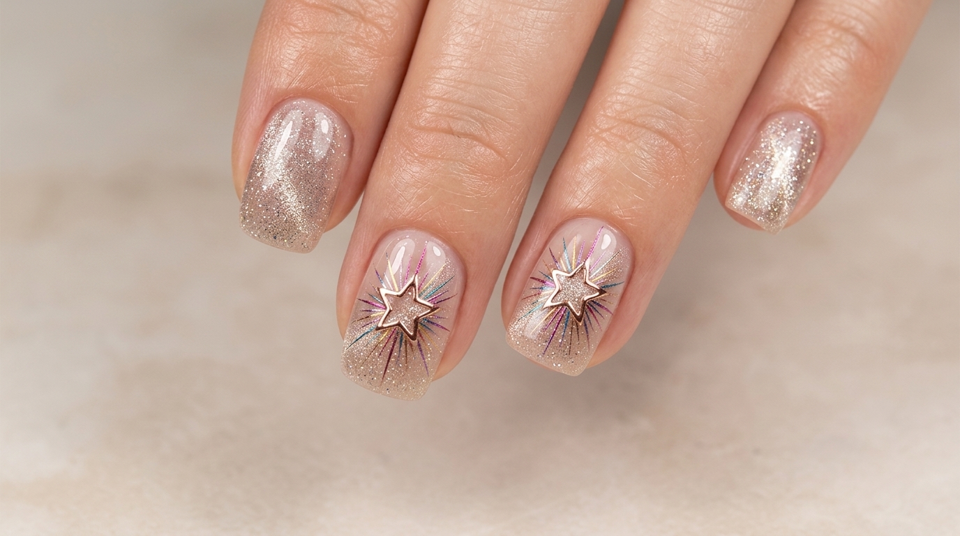Nahaufnahme der fertigen hohlen Regenbogen-Stern-Gelnägel mit transparenter Nude-Basis, Cat-Eye-Schimmer und filigranem Sternen-Design.