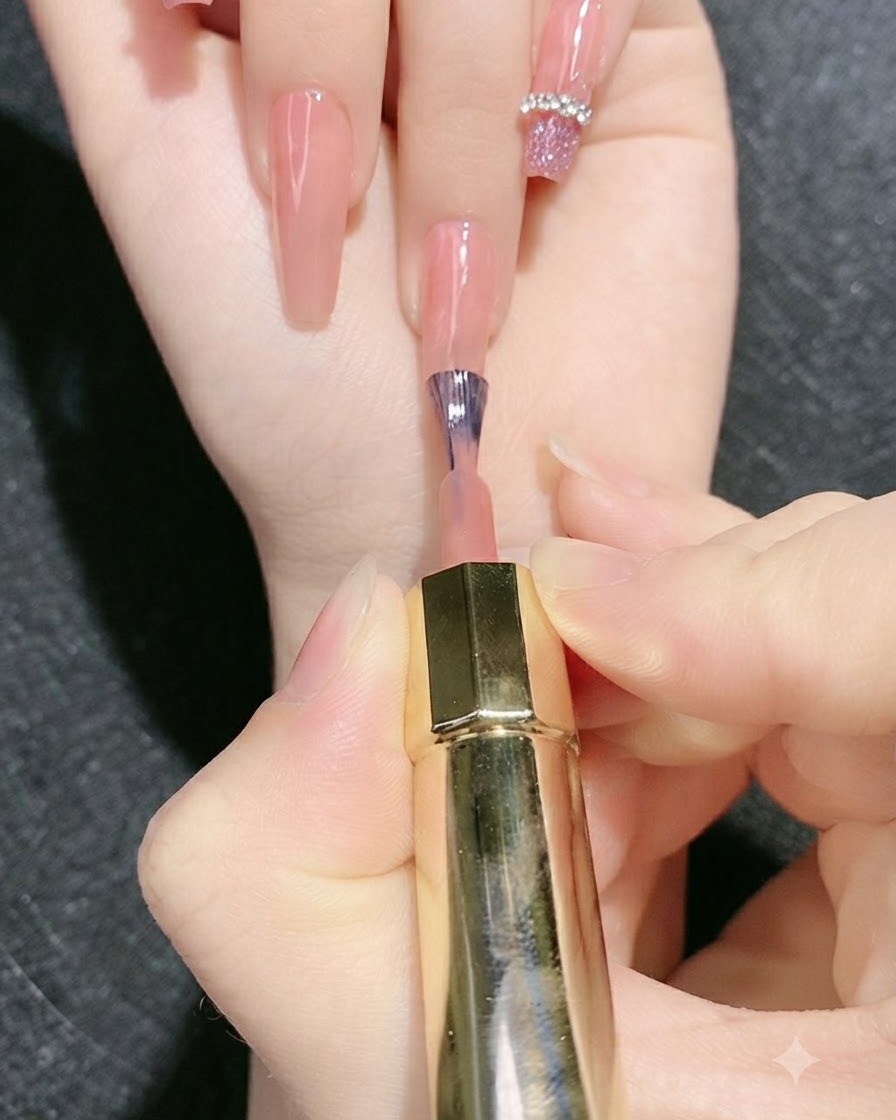 Ein feiner Liner-Pinsel trägt klares Builder-Gel auf, um eine Herzform auf dem Nagel nachzuziehen.