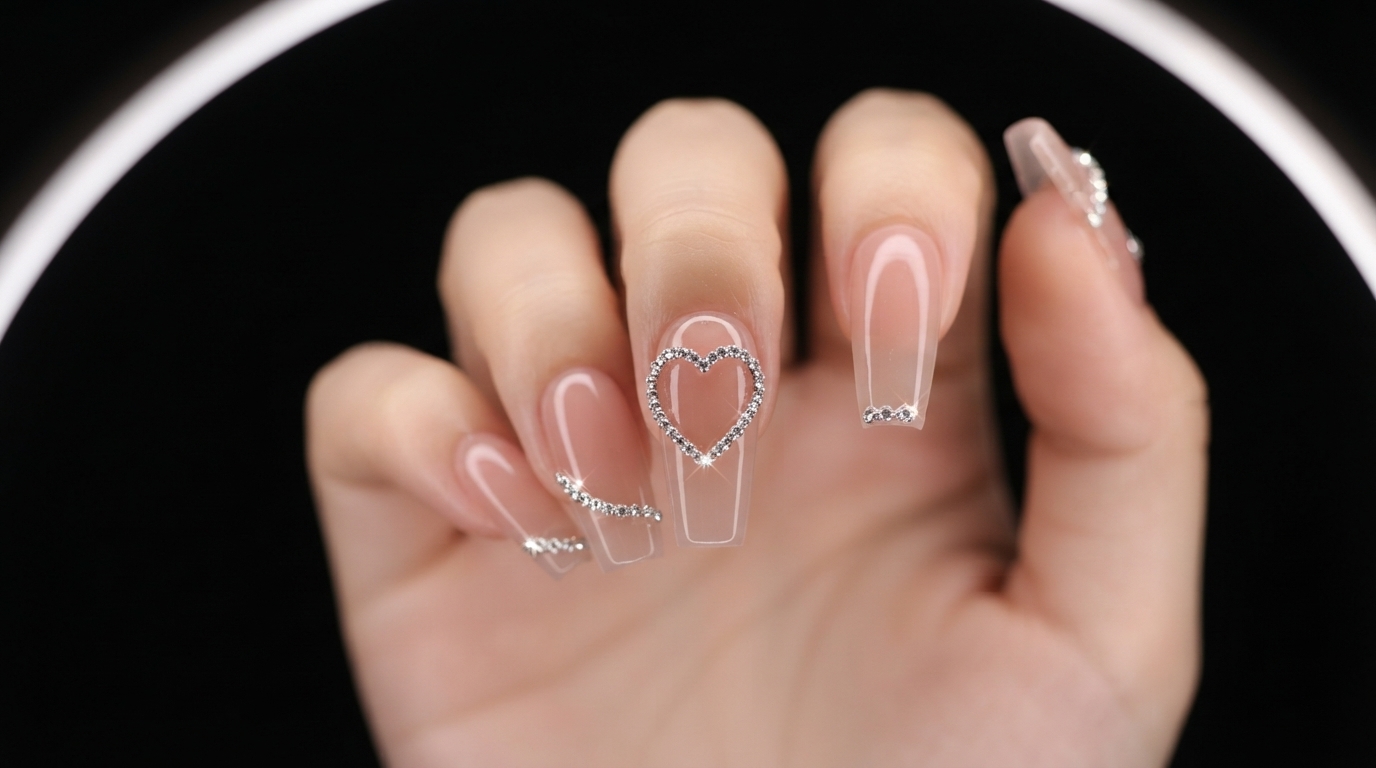 Nude Rosa Gradient und Strass-Ketten Herz Nageldesign