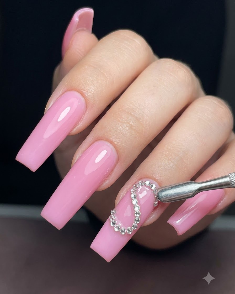 Ein Metall-Nagelwerkzeug und eine Detailansicht eines halben Herzdesigns, das mit glitzernden Strasssteinen auf einem rosa Nagel umrandet ist.