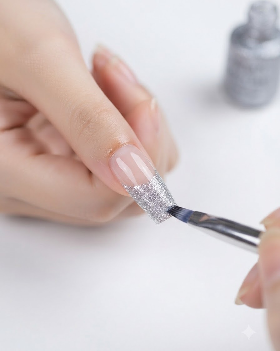 Ein kleiner Pinsel trägt silbernen Glitzer-Gelack auf die Spitze eines Nagels auf, um einen Verlauf zu erzeugen.