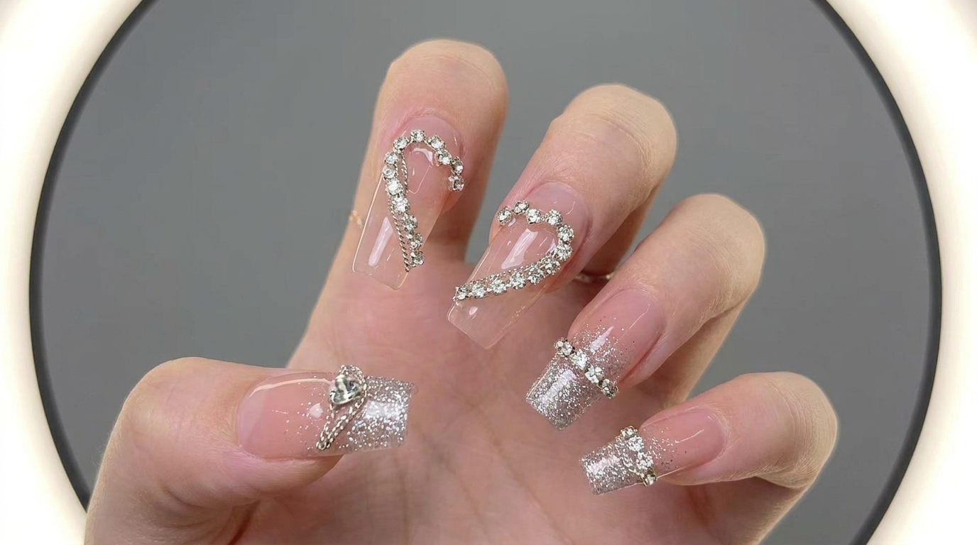 Rosa Nude Gel-Nägel mit Strass-Herz-Umrandungen und Silberketten-Design — Schritt-für-Schritt-Anleitung