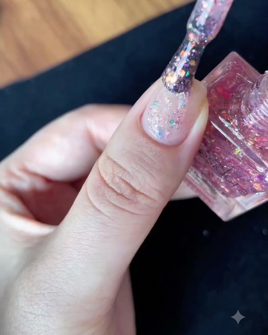 Eine Nahaufnahme eines Nagellackpinsels mit dichten, mehrfarbigen Glitzerflocken beim Herausziehen aus der Flasche.