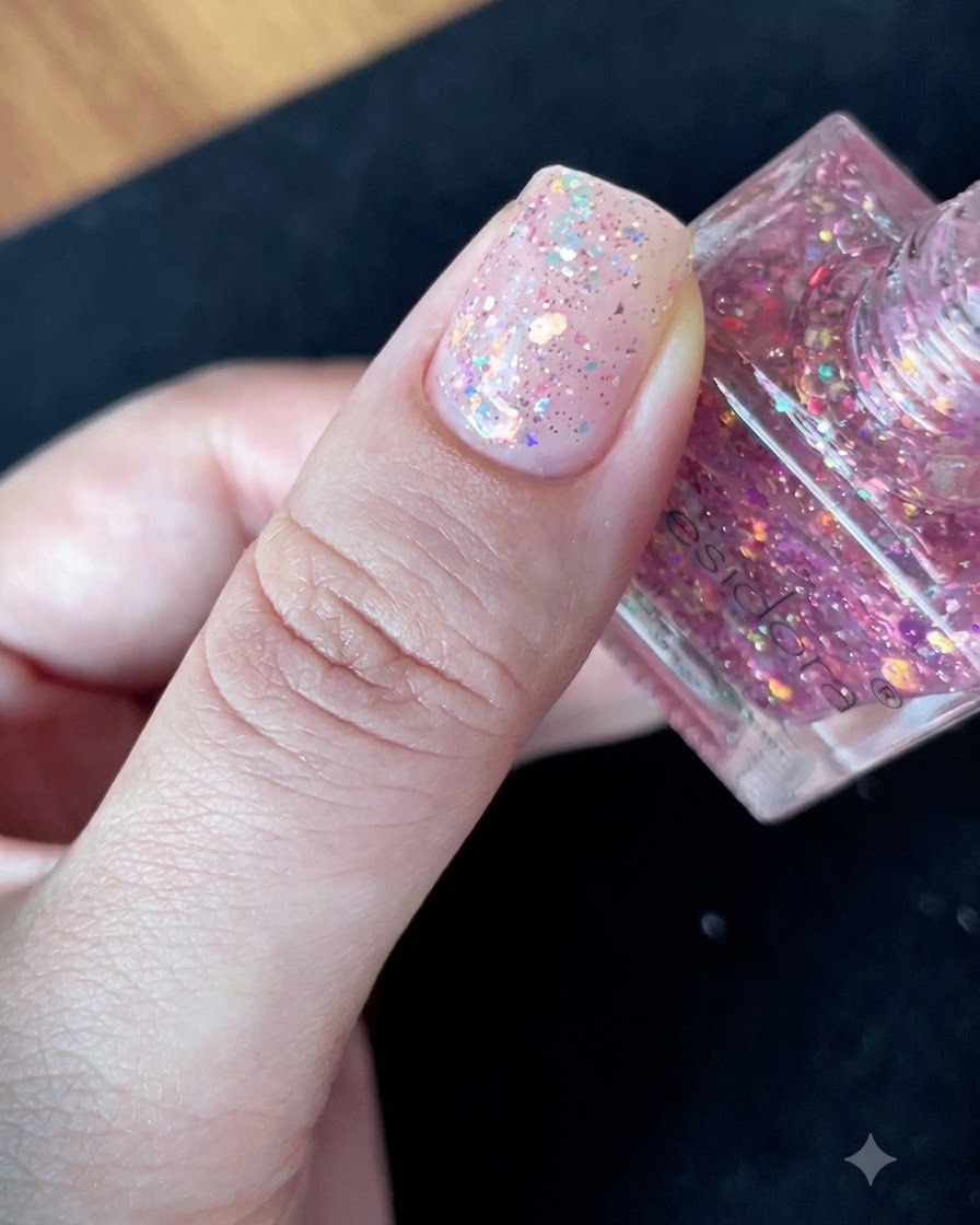 Eine Pinselspitze schiebt und verteilt Glitzerflocken sanft nach außen über die Nagelplatte.
