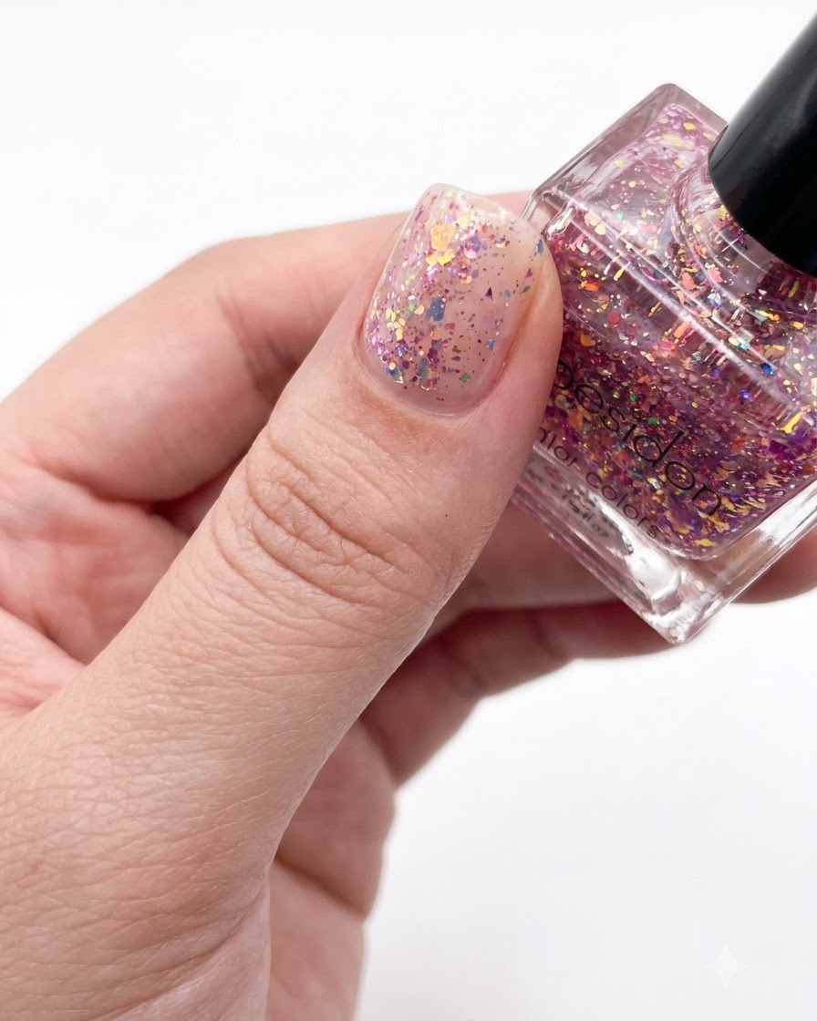 Eine fertige Nagelapplikation mit einer glatten, flachen Schicht mehrfarbiger Glitzerflocken auf der gesamten Platte.