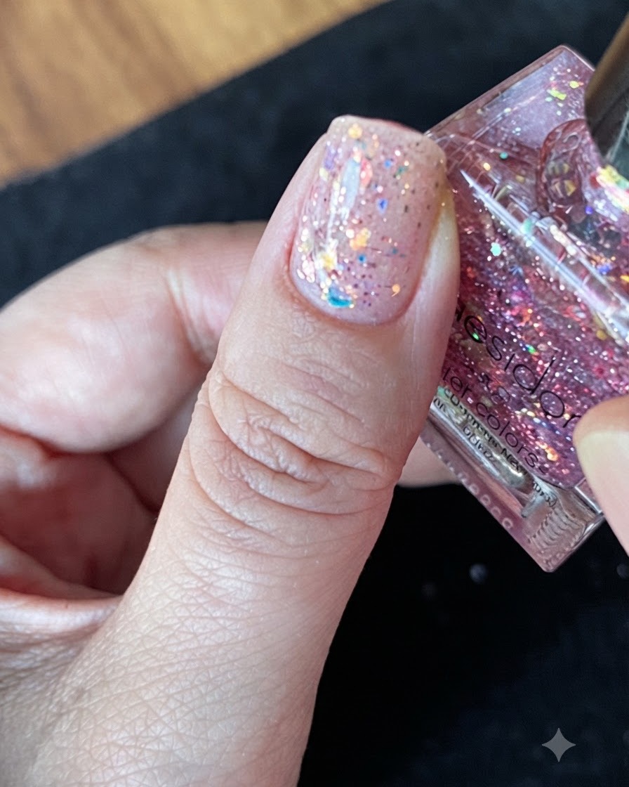 Eine Nahaufnahme eines Daumens mit frisch aufgetragenem Glitzerlack, der zum Nivellieren ruht.