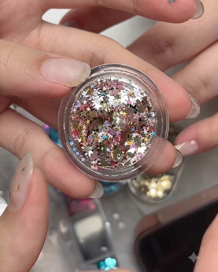 Ein kleiner transparenter Behälter gefüllt mit einer Mischung aus holografisch silbernen, goldenen und rosa sternförmigen Pailletten.